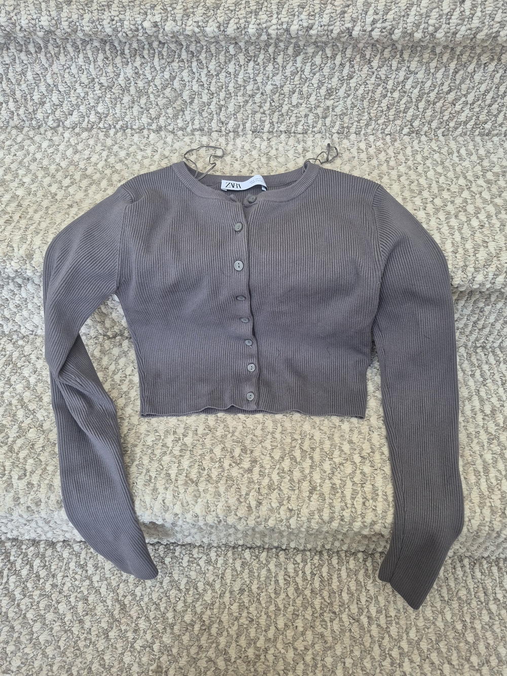 Zara Ribbed Cropped Cardigan in Taupe Gray